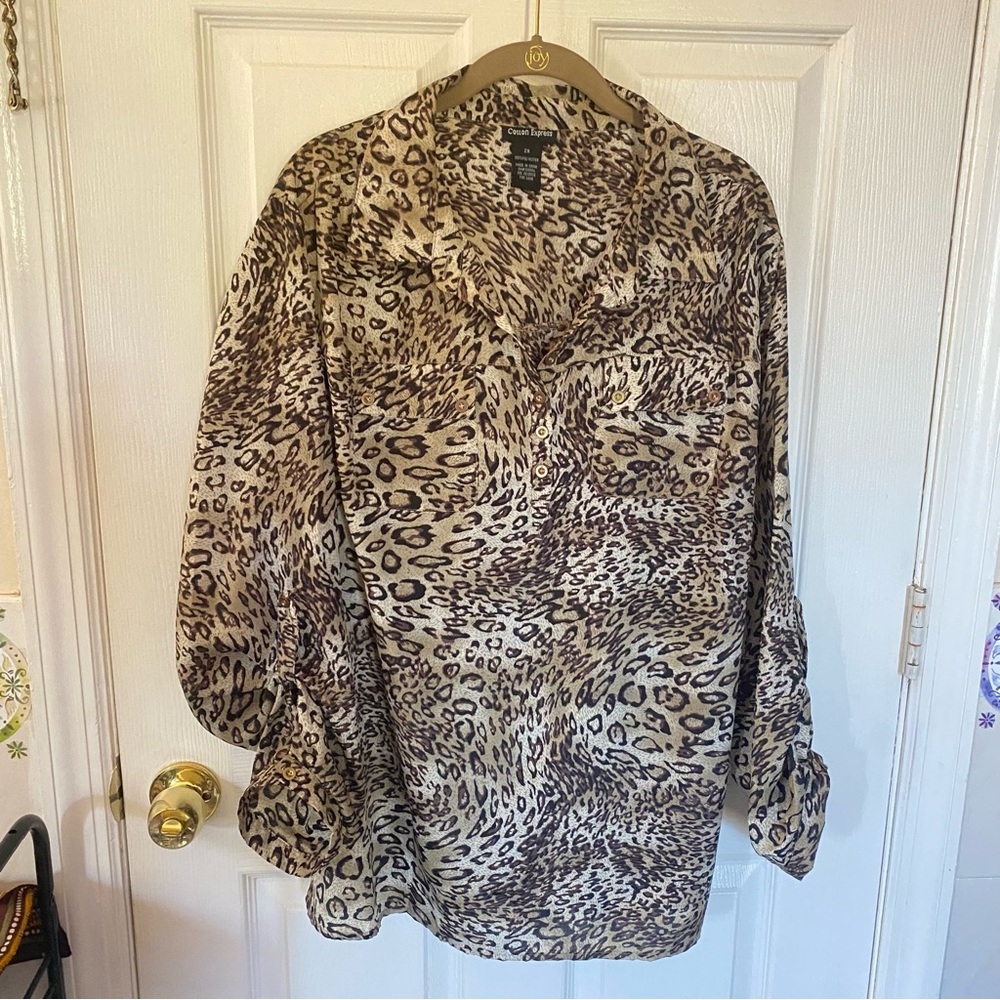 Plus Size 2X Earth Tones Cheetah Print Popover Top Semi-Sheer Neutral Blouse